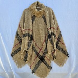 andthewhy Nova Check Acrylic Poncho Shawl Soft  Cozy Turtleneck Sweater Knit